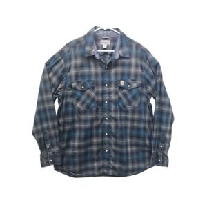 Carhartt Shirt Relaxed Fit Pearl Snap‎ Western Blue Plaid Outdoor Long Sleeve XL